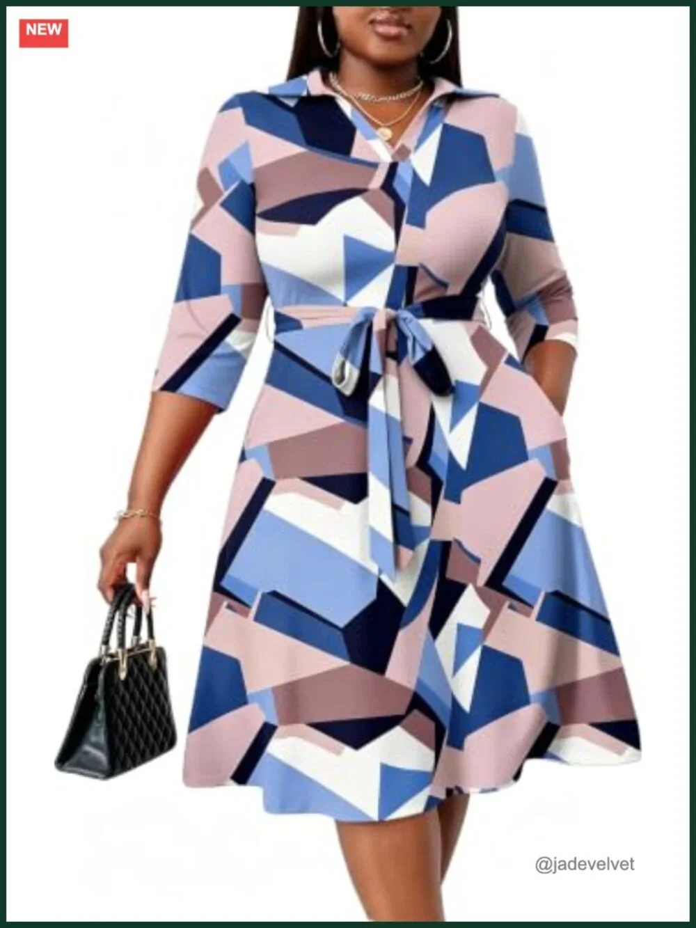 Plus Size Midi A-Line Dress with Pockets and Belt African Print 3/4 Flutter